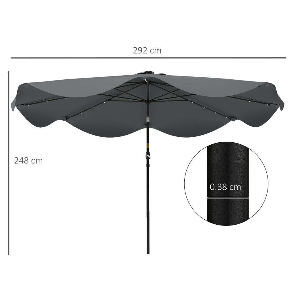 Outsunny Solar Patio Umbrella with LED and Tilt, Outdoor Market Table Umbrella Parasol with Crank, 3 x 3 (m), Dark Grey