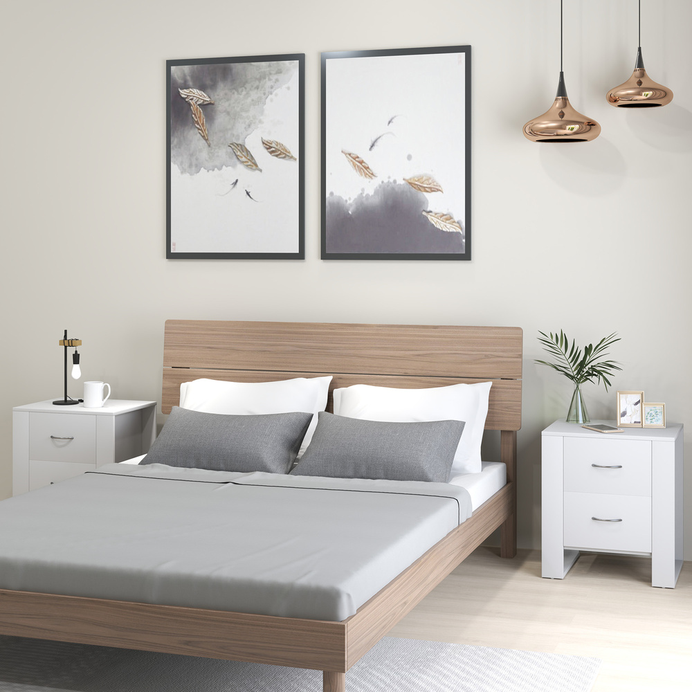 HOMCOM Bedside Table Set of 2 with 2 Drawers, Nightstands with Handles and Elevated Base, Side Tables for Bedroom, Living Room, White