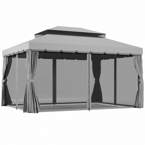 Outsunny 3 x 4m Aluminium Garden Gazebo, Marquee Canopy Shelter Pavilion Party Tent with Nets and Curtains for Garden and Deck, Light Grey