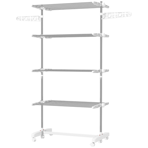 HOMCOM Four-Shelf Collapsing Clothes Horse, With Side Arms and Wheels - White