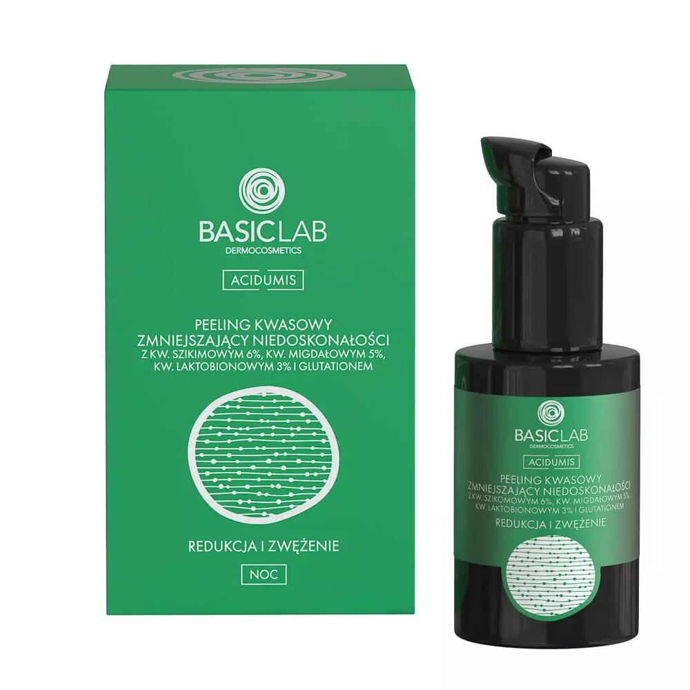 BasicLab Peeling Kwasowy Zmniejszający Niedoskonałości z 6% Kwasem Szikimowym 5% Kwasem Migdałowym 3% Kwasem Laktobionowym Redukcja i Zwężenie 30ml Best Before 31.10.25