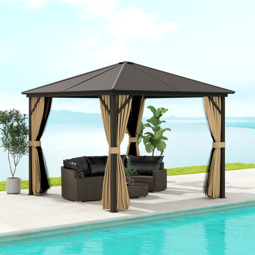 Outsunny 3 x 3(m) Metal Hardtop Gazebo, with Curtains and Accessories - Brown