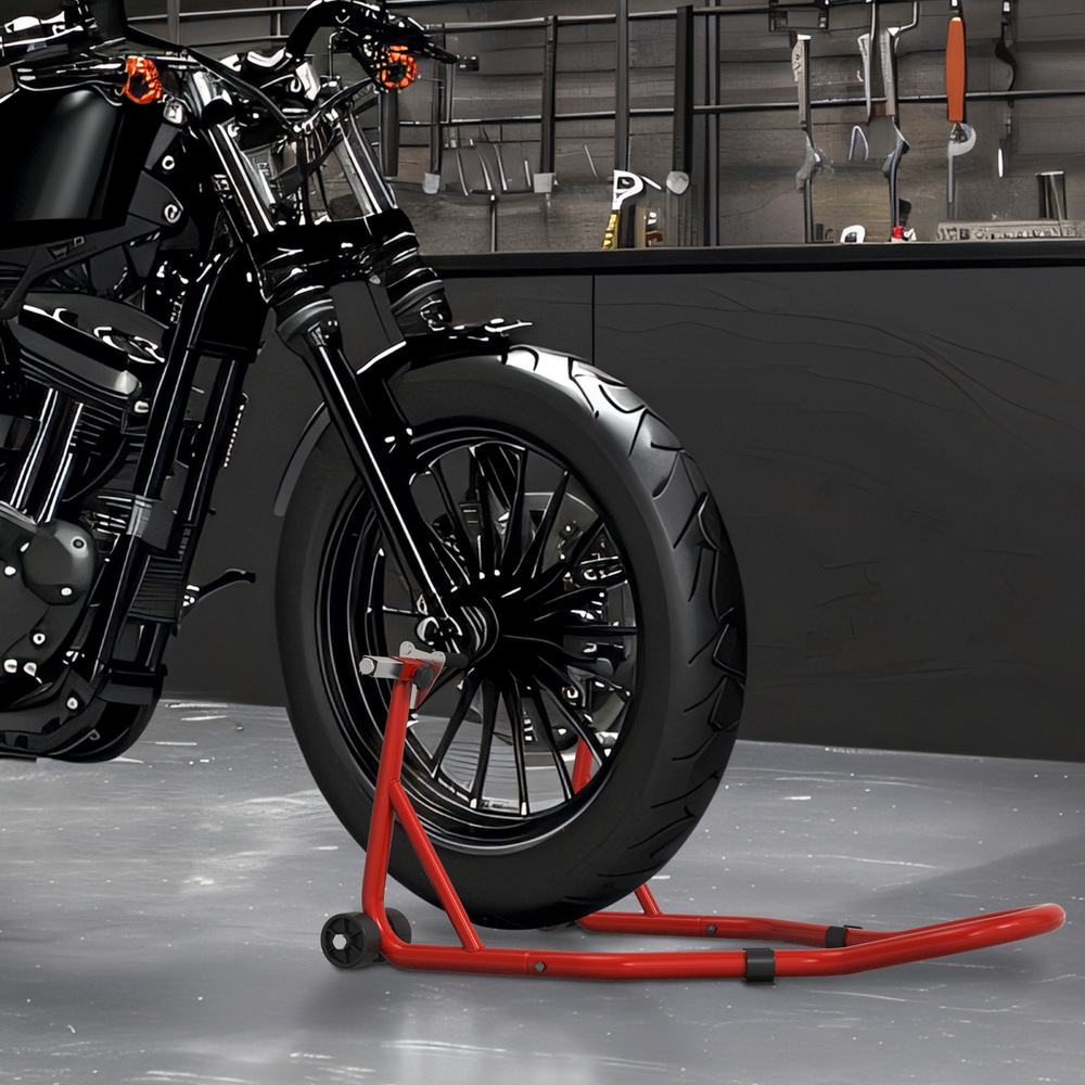 HOMCOM Front Motorcycle Paddock Stand Motorbike Stand with Anti-Slip Mat, Adjustable Pin and Swingarm Spool Adaptors, 200 kg Capacity, for 18", 17" and 10" Tyre, Red