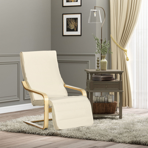 HOMCOM Wooden Armchair, Upholstered Linen Lounge Chair with Adjustable Footrest & Removable Cushion, Poang Chair for Living Room, Cream White