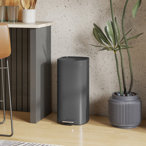 HOMCOM 30L Kitchen Bin, Compact Pedal Bin with Soft-Close and Stay-Open Lid, Removable Bucket for Kitchen, Home, Office, Black