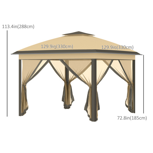 Outsunny 3.3 x 3.3m Pop Up Gazebo, Double Roof Foldable Canopy Tent with Zipped Mesh Sidewalls, Height Adjustable and Carrying Bag, Event Tent for Patio Garden, Beige