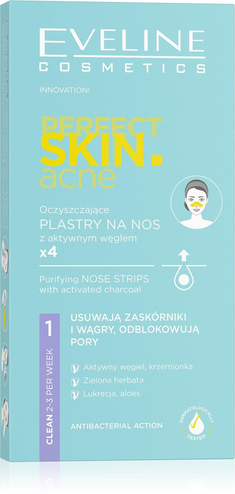 Eveline Perfect Skin Acne Oczyszczające Plastry na Nos z Aktywnym Węglem dla Skóry Problematycznej 4 Sztuki