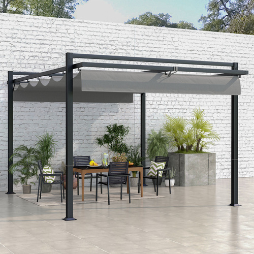 Outsunny 3 x 4m Retractable Pergola, Garden Gazebo Shelter with Aluminium Frame, for Grill, Patio, Deck, Dark Grey
