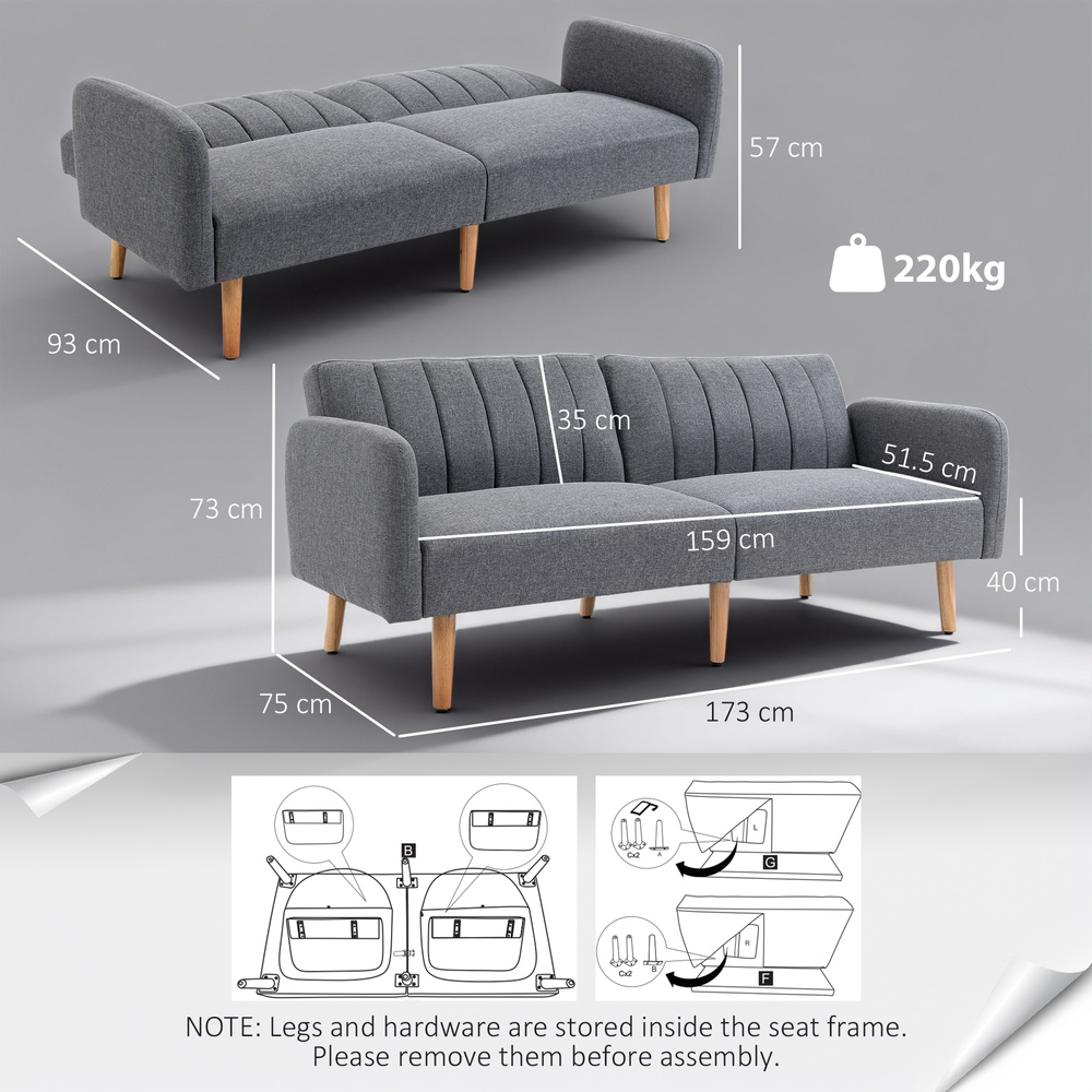 HOMCOM 3 Seater Sofa Bed, Convertible Linen Fabric Sofa Couch, Click Clack Sofabed with Adjustable Split Backrest for Living Room, Bedroom, Guest Room, Grey
