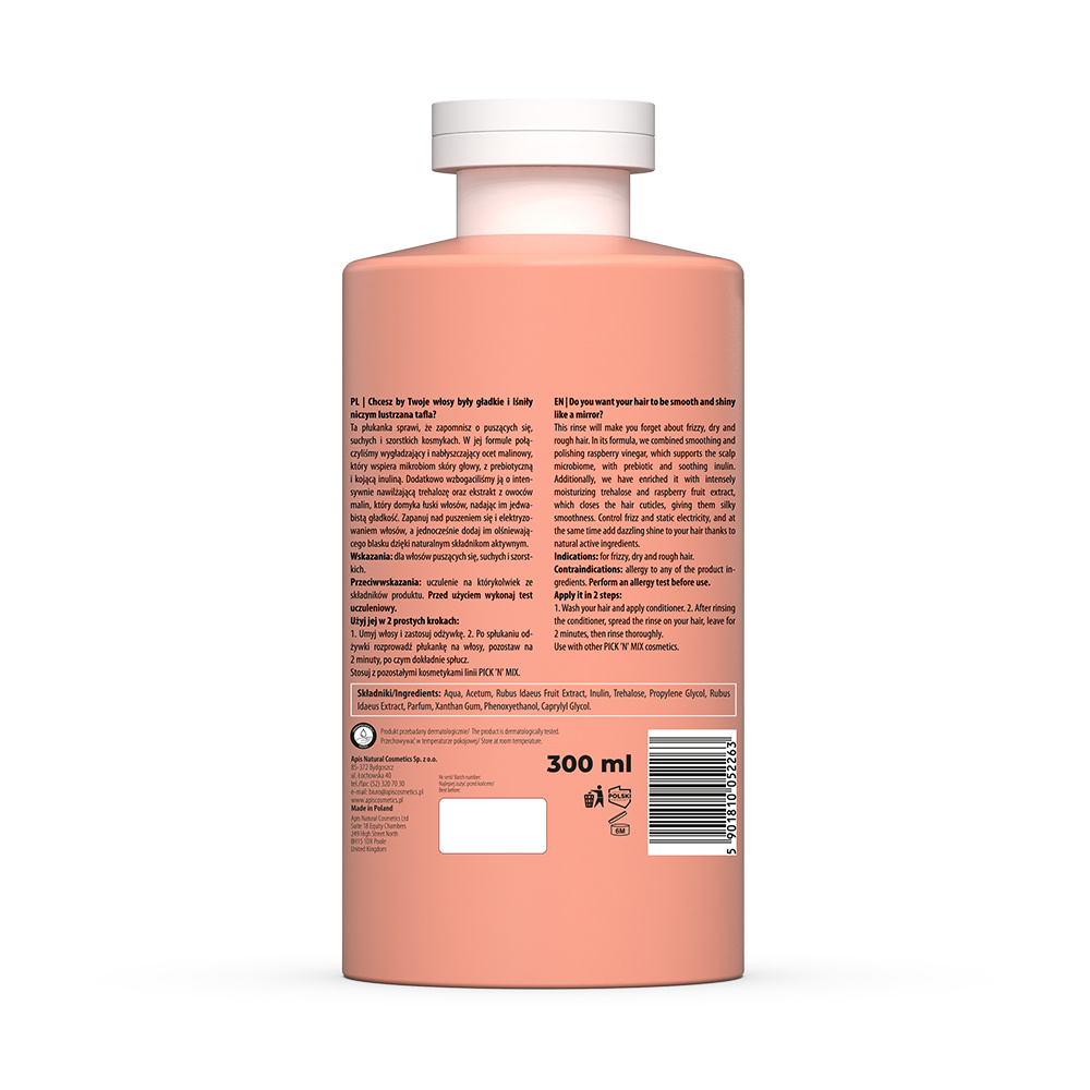 Apis Pick'N'Mix Shine Booster Wygładzająca Malinowa Płukanka Octowa dla Włosów Puszących Się Suchych i Szorstkich 300ml