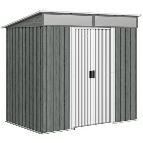 Outsunny 6.5 x 4FT Galvanised Metal Shed with Foundation Kit, Lockable Tool Garden Shed with Double Sliding Doors, Vents, Light Grey Wood Effect