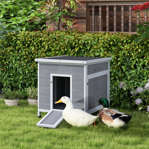 PawHut Wooden Duck House with Ramp, Double Doors, Openable Asphalt Roof, Ventilation Holes, Removable Base, Light Grey