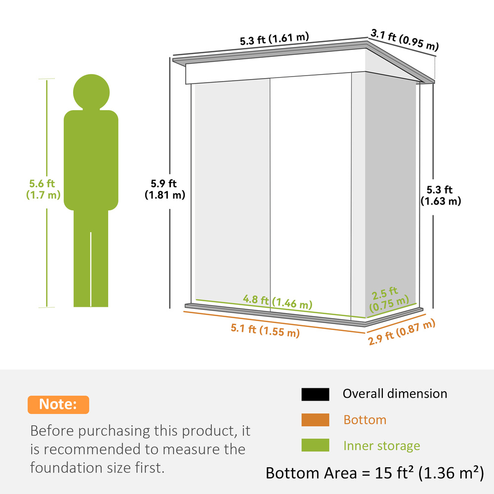 Outsunny Metal Garden Shed, Outdoor Lean-to Shed for Tool Motor Bike, with Adjustable Shelf, Lock, Gloves, 5'x3'x6', Grey