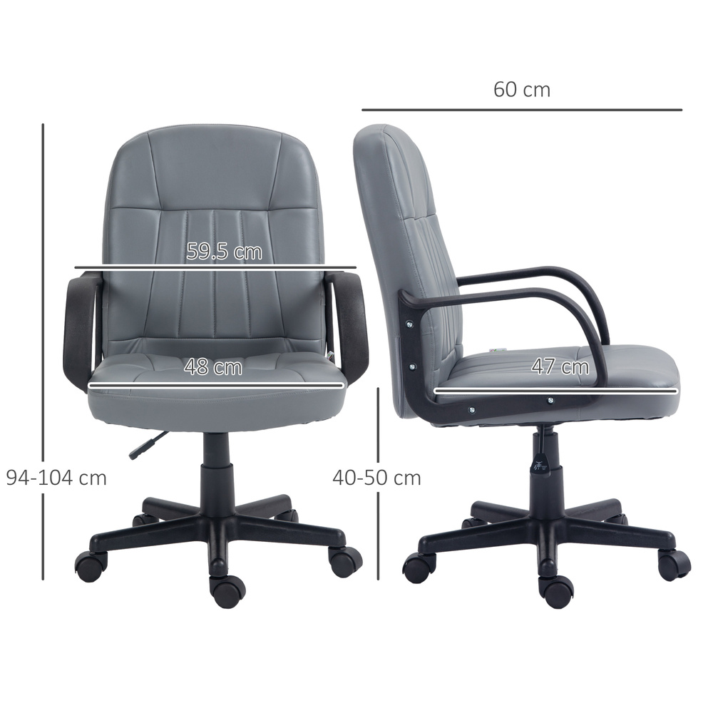 HOMCOM Desk Chair, PU Leather Computer Office Chair with Adjustable Height, Swivel Wheels for Home Work Study, Grey