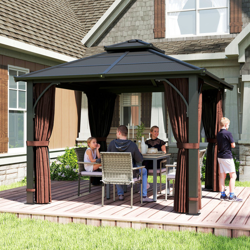Outsunny 3 x 3(m) Hardtop Gazebo Canopy with 7mm Polycarbonate Double-Tier Roof, Garden Gazebo Permanent Pavilion with Mosquito Netting and Curtains for Patio, Deck, Brown