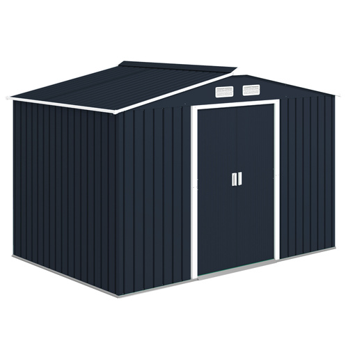 Outsunny 9 x 6ft Metal Bicycle Shed, Outdoor Storage Tool House with Ventilation Slots, Foundation Kit and Lockable Double Doors, Dark Grey