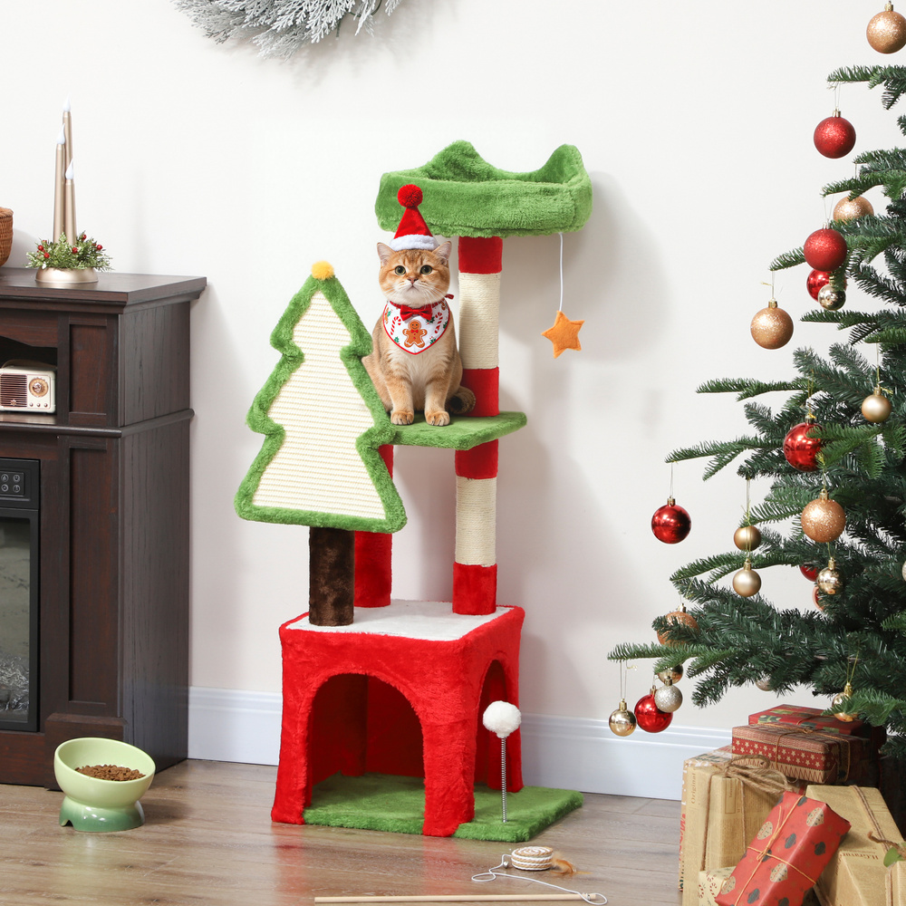 PawHut Christmas Cat Tree, 120cm Cat Tower with Scratching Post & Board, Platform, Toys, Green