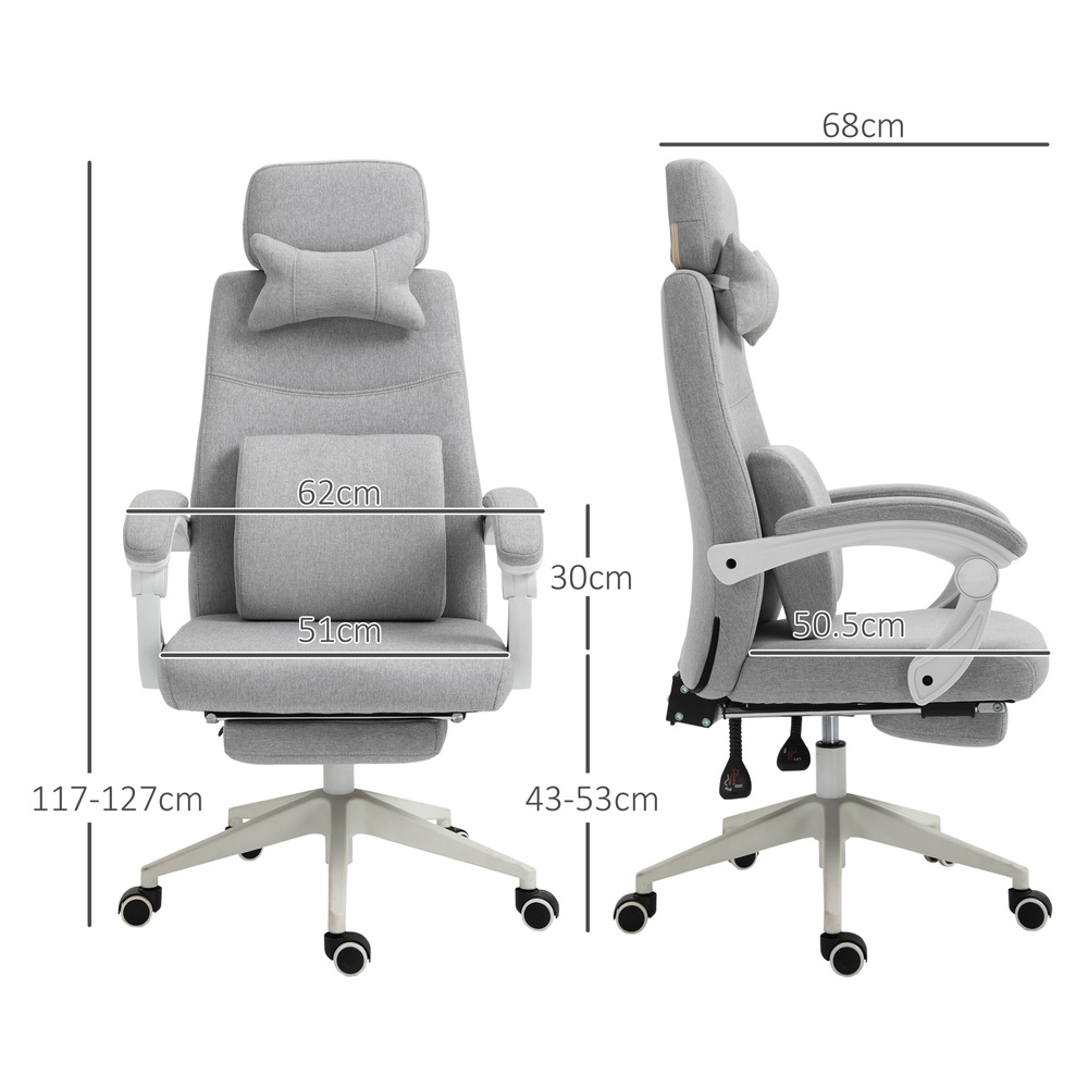 Vinsetto Office Chair, High Back Fabric Work Chair with 160° Reclining Backrest, Retractable Footrest, Neck and Lumbar Pillow, Light Grey