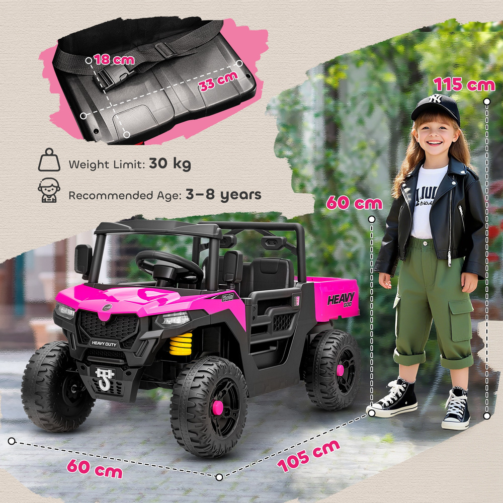 AIYAPLAY Kids Ride on Car, 12V Electric Kids UTV with Electric Dump Bed, 4-Wheel Suspension for 3-8 Years, Pink