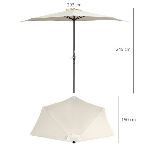 Outsunny 3(m) Half Parasol, Semi Round Umbrella with Metal Frame, Crank Handle for Balcony, Garden, Cream White