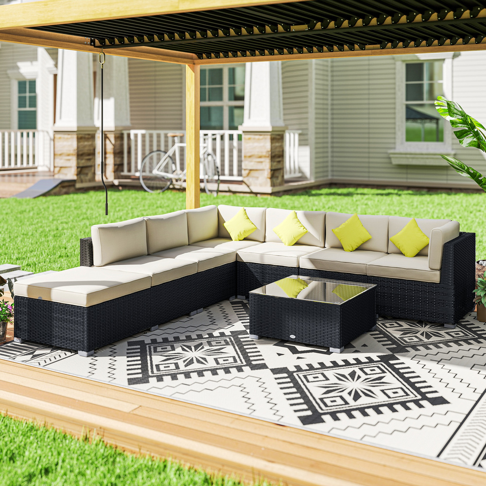 Outsunny 8 Piece Rattan Corner Sofa Set with Wide & Deep Seat, Assembled Aluminium PE Rattan Garden Furniture Set with Thick Cushions and Glass Top Table for Outdoor, Conservatory, Black