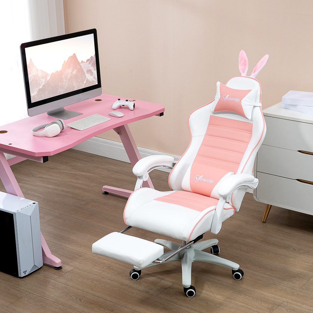 Vinsetto Racing Gaming Chair, Reclining PU Leather Computer Chair with Removable Rabbit Ears, Footrest, Headrest and Lumber Support, Pink