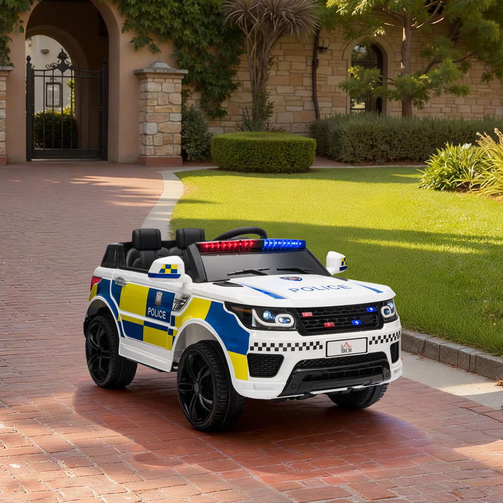 HOMCOM 12V Electric Car for Kids, Ride on Police Car with 2 Motors, Remote Control, Siren Flashing Lights, Suspension, USB, Auxiliary Wheels, Pull handle, for 3-6 Years, White
