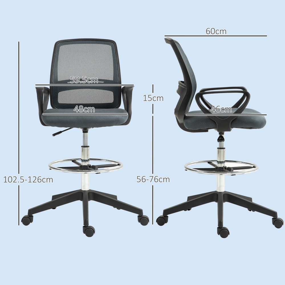 Vinsetto 102.5-126cm Draughtsman Office Chair, with Footrest - Grey