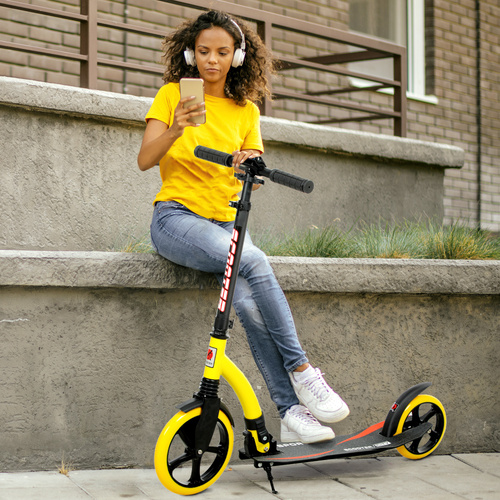 HOMCOM Foldable Kick Scooter with Double Shock Absorption and Big Wheels, Height Adjustable Aluminium Frame Big Wheel Scooter for 14+ Teens Adult - Yellow