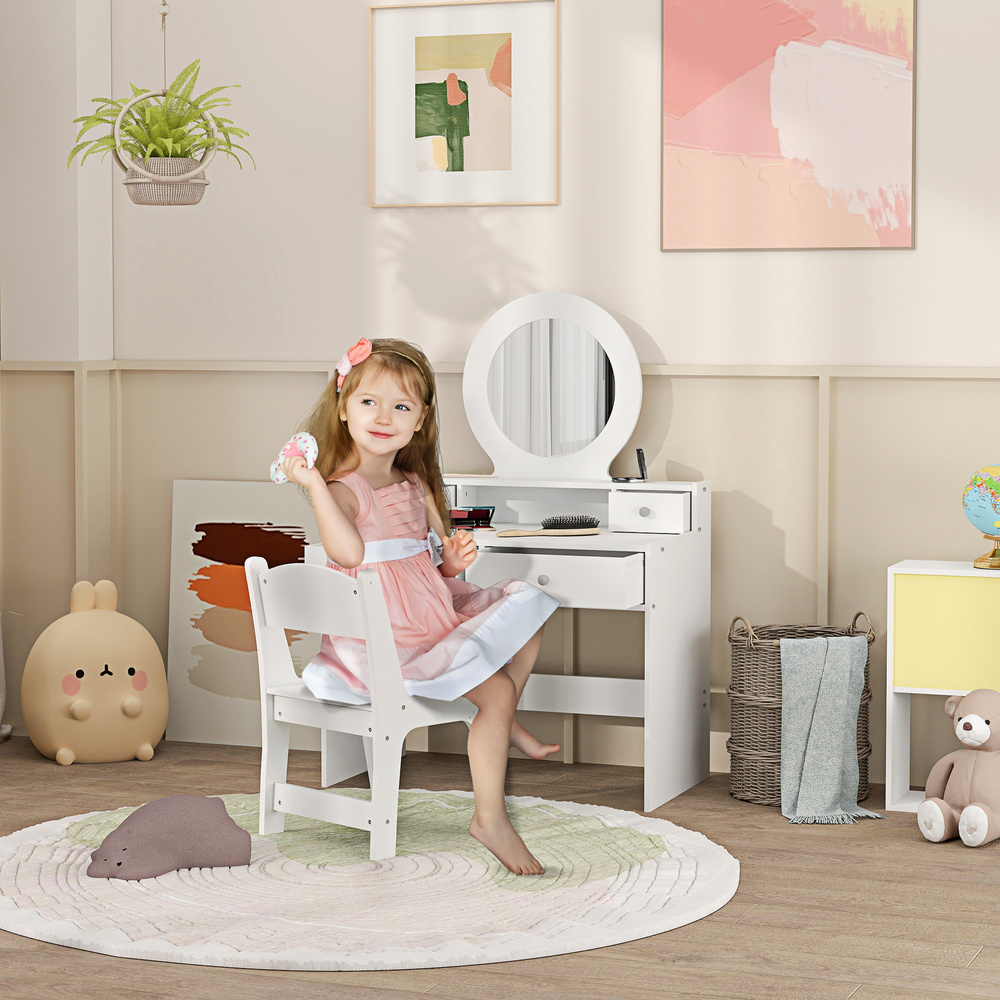 AIYAPLAY Kids Dressing Table Set Kids Make up Table with Stool and Mirror, Storage Drawers, Gift for Aged 3-8