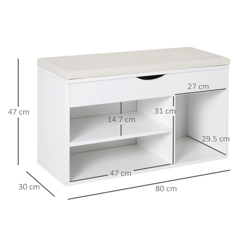 HOMCOM Wooden Shoes Cabinet Bench Hidden Storage Padded Seat Organiser Footwear Rack Hallway White 80 x 30 x 47 cm