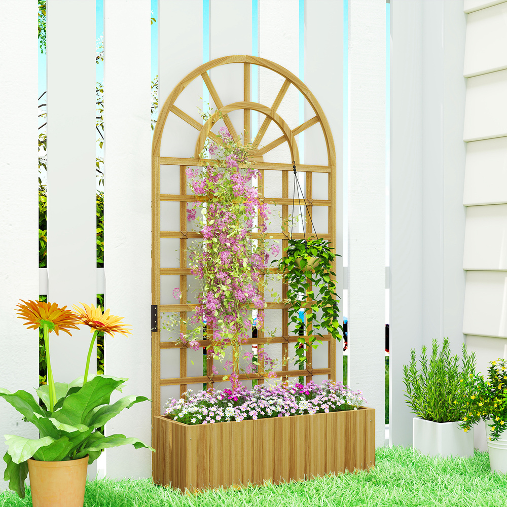 Outsunny Wooden Raised Planter with Trellis, Raised Bed for Garden with Lattice and Drainage Holes for Climbing Plants