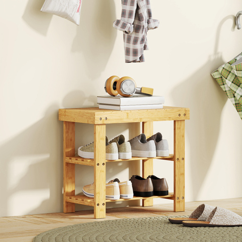 HOMCOM Two Shelf Bamboo Shoe Storage Bench - Natural Finish