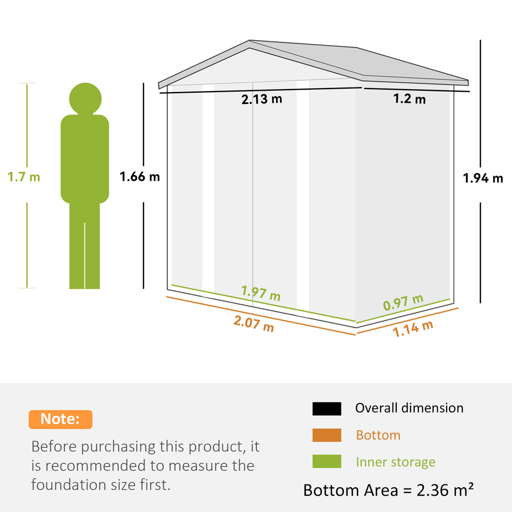 Outsunny 7 x 4ft Garden Shed, Easy to Assemble, Upgraded Galvanised Steel Frame with Foundation Kit, Double Doors with Lock, Outdoor Metal Shed with Vents and Gloves, Garden Storage Shed, Light Grey
