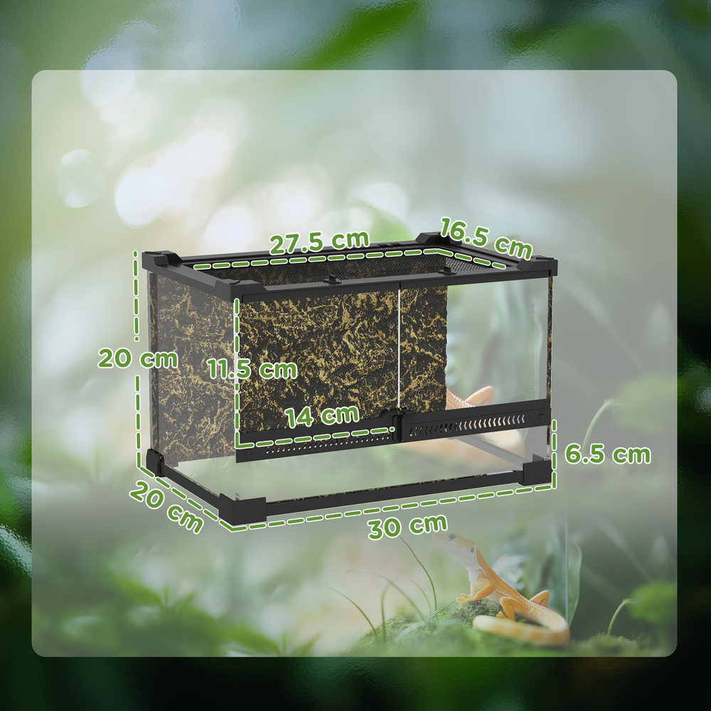 PawHut Reptile Glass Terrarium with Stone Background, Front Ventilation, Escape-Proof Knob Lock, 30 x 20 x 20 cm, Black