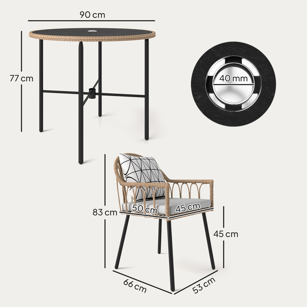 Outsunny 5 Piece Patio Rattan Dining Set, Wicker Garden Table and Chairs w/ Removable Seat & Back Cushions, Round Tempered Glass Tabletop, Parasol Hole, Outdoor Furniture Conservatory Set, Light Brown