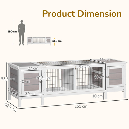 PawHut Rabbit Hutch and Run, with Removable Tray - Grey