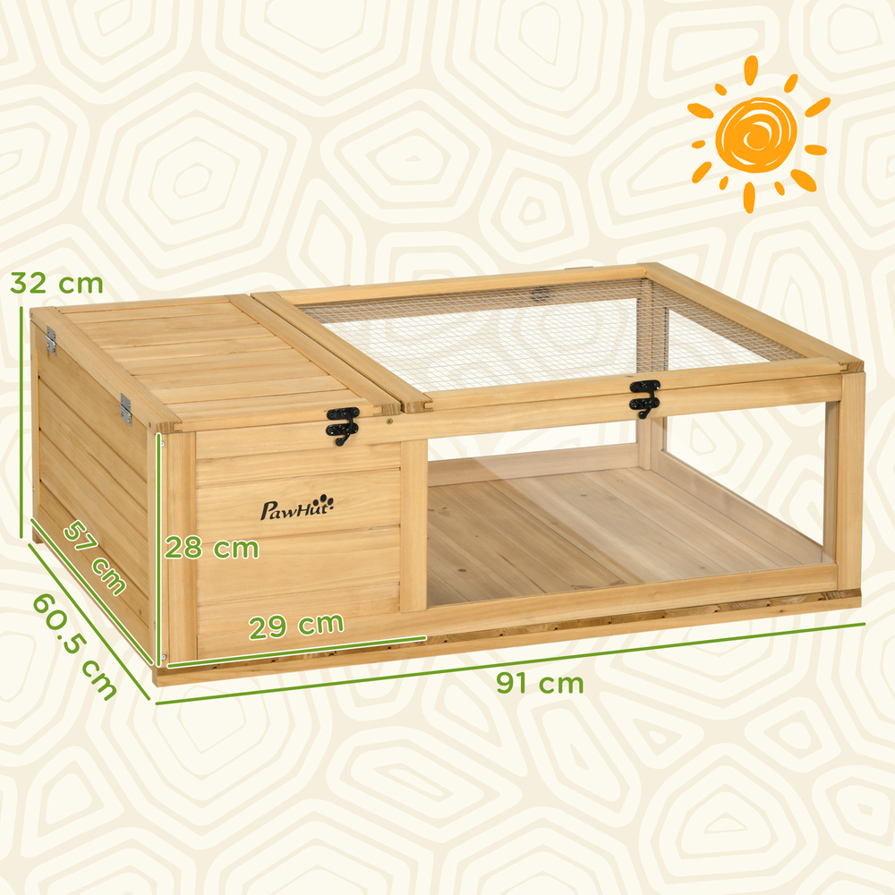 PawHut Tortoise House, Small Reptile Wooden House, with Mesh Roofs, Side Panels, for Turtles, Lizards, Geckos and Snakes