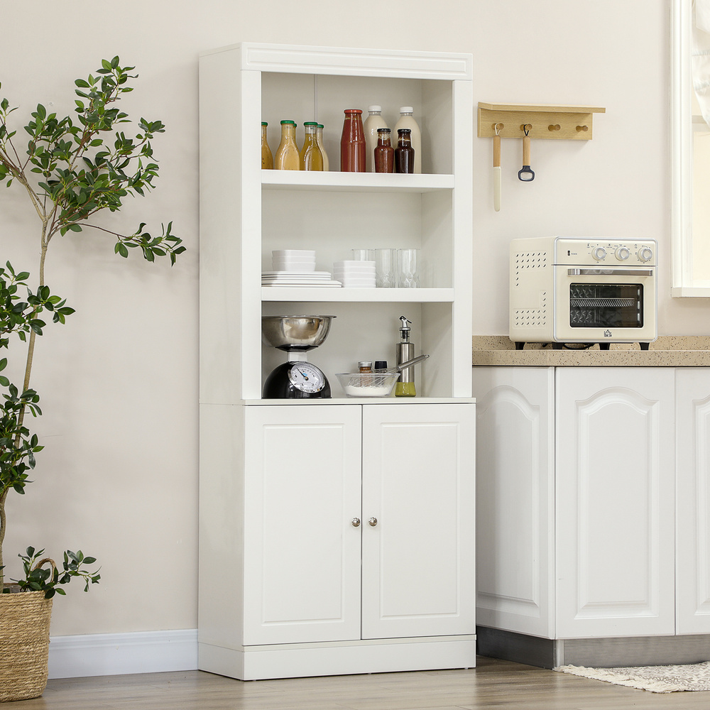 HOMCOM Kitchen Cupboard with 6-tier Shelving, Freestanding Storage Cabinet Sideboard, Pantry Cupboard with 3 Open Compartments and Double-door Cabinet with Adjustable Shelves, White