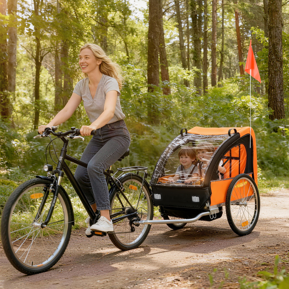 HOMCOM 2 Seat Bike Trailer Bicycle wagon for Kids Child Steel Frame Safety Harness Seat Carrier Orange Black 130 x 76 x 88 cm