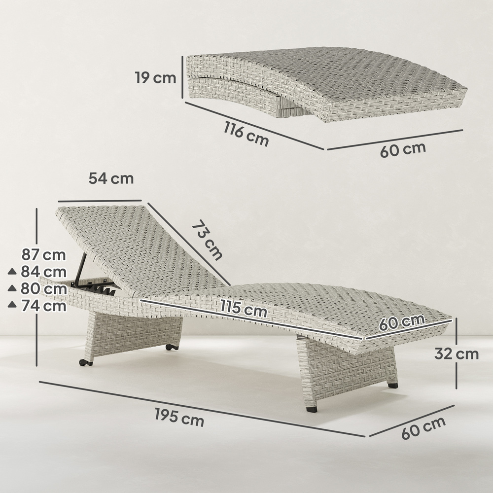 Outsunny Outdoor PE Rattan Sun Lounger, Folding Wicker Garden Lounger Recliner with 4-Level Adjustable Backrest, Rolling Sunbed Lounge Chair with Wheels, Non-Slip Legs for Balcony, Beach, Grey