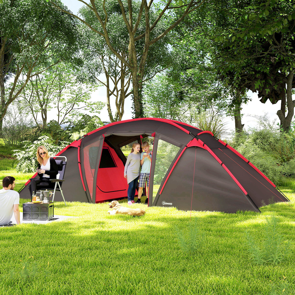 Outsunny 4-6 Man Family Camping Tent w/ 2 Bedrooms and a Living Room, Waterproof Tunnel Tent w/ Sewn In Groundsheet, Doors, Windows, Carry Bag, Grey