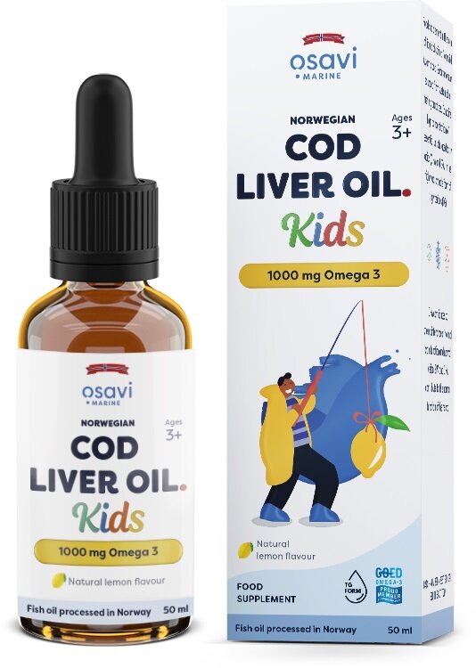 Osavi Norwegian Cod Liver Oil Kids 1000mg Omega 3 Wspomaga Pracę Serca i Mózgu oraz Prawidłowe Widzenie dla Dzieci powyżej 3 Roku Życia Smak Cytrynowy 50ml