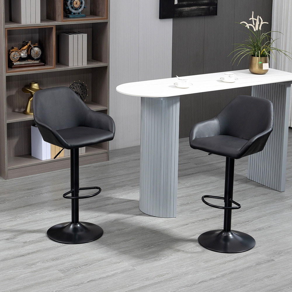 HOMCOM Adjustable Bar Stools Set of 2, Swivel PU Leather Barstools with Backrest & Footrest, Black