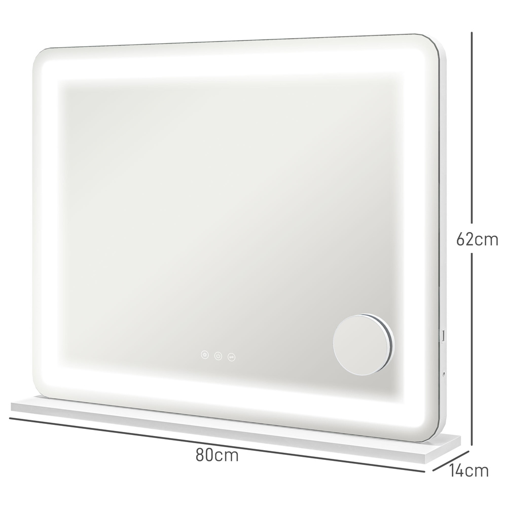 HOMCOM Vanity Mirror with Lights, Large 80x62 cm Lighted Makeup Mirror with 3 Colour, 10X Magnifying, USB Charging Port, Touch Screen, Tabletop or Wall Mounted Design, White