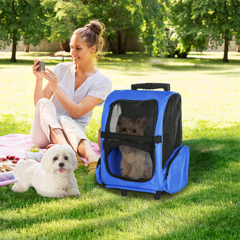 PawHut Pet Travel Backpack Bag Cat Puppy Dog Carrier w/ Trolley and Telescopic Handle Portable Stroller Wheel Luggage Bag (Blue)