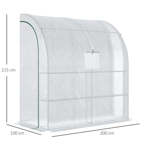 Outsunny Walk-In Lean to Wall Greenhouse with Windows and Doors, Outdoor Green House with 3 Tiers 4 Wired Shelves, 200L x 100W x 215Hcm, White