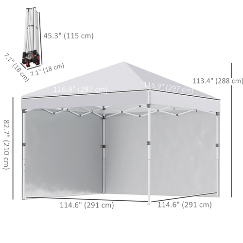 Outsunny 3 x 3 (M) Pop Up Gazebo, UPF 30+ with 2 Sidewalls, Leg Weight Bags and Wheeled Bag, Height Adjustable Party Tent Event Shelter for Garden, Patio, White