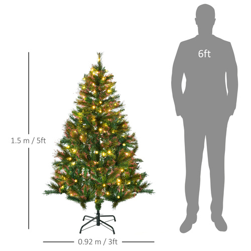 HOMCOM 1.5m 5ft Pre-Lit Christmas Tree Artificial Spruce Xmas Tree Warm White LED Holiday Décor with Metal Stand