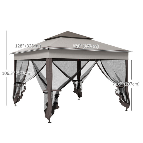 Outsunny 3.25 x 3.25m Pop Up Gazebo, Double-roof Garden Tent with Netting and Carry Bag, Party Event Shelter for Outdoor Patio, Brown and Grey